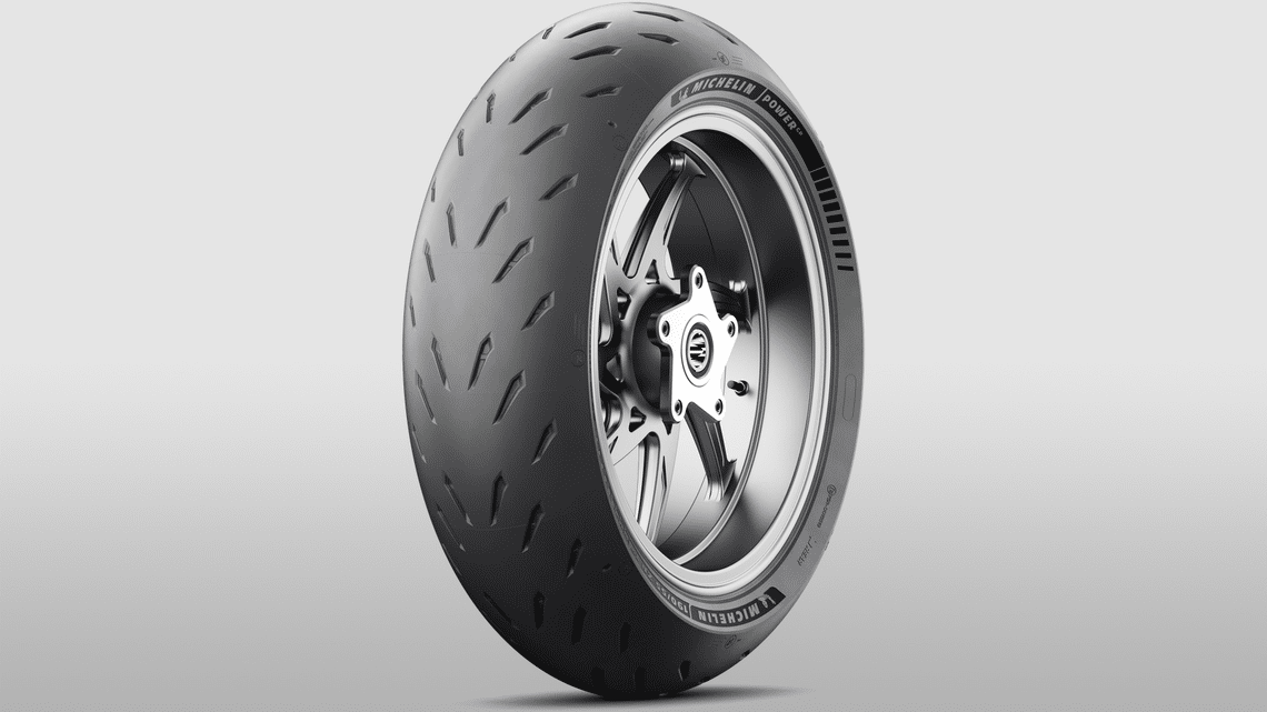 MICHELIN Power GP, homologated for track and road usage, has a shallow tread when new.