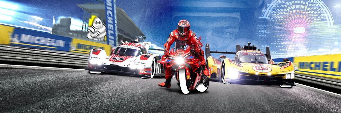 Piloto de motocicleta en una pista Michelin, representando la innovación en el motorsport.