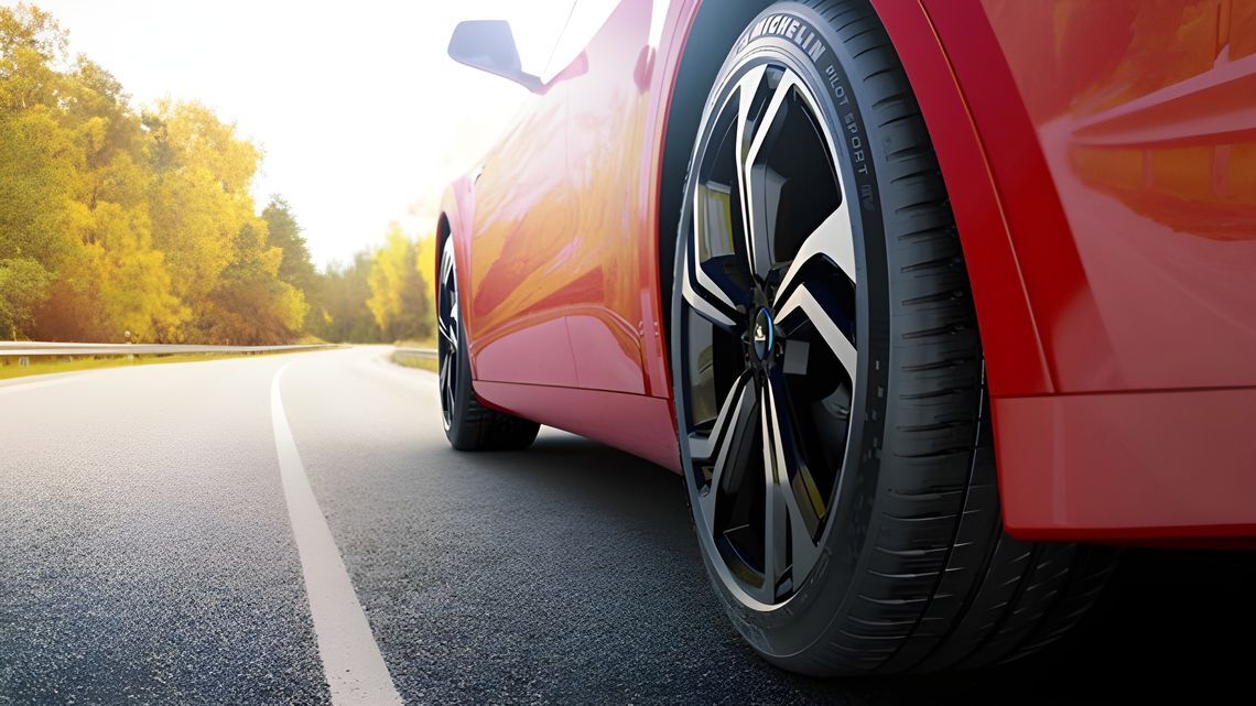 따뜻한 햇살 속, 가을 나무가 늘어선 매끄러운 도로 위. Michelin Pilot Sport EV 타이어를 장착한 레드 스포츠카 뒷바퀴의 클로즈업이 속도감과 자유로움을 선사합니다.