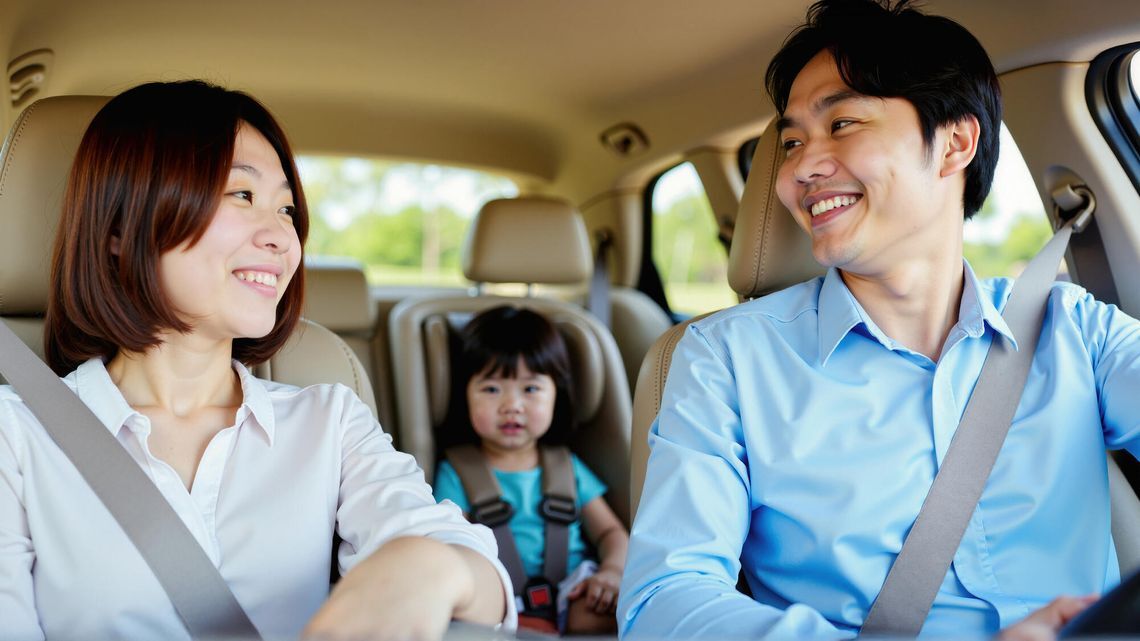 A family of three sits in a car, smiling warmly at each other. Parents in front and a toddler in a car seat in back, conveying love and joy.