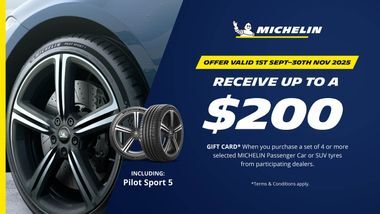 Grey car fitted with Michelin Pilot Sport 5 tyre on the left hand side, Michelin promotion receive up o $200 when you purchase a set of 4 or more Michelin Passenger car tyres in Australia