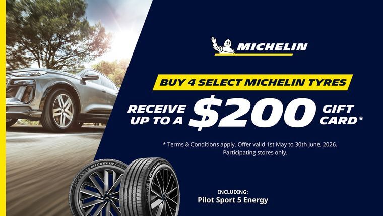 Passenger car fitted with Pilot Sport 5 tyres on the left hand side and Michelin offering up to $200 giftcard when buying a set of 4 participating tyres