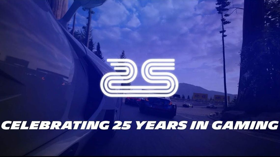 Race car on a track with a glowing "25" logo and the text "CELEBRATING 25 YEARS IN GAMING."