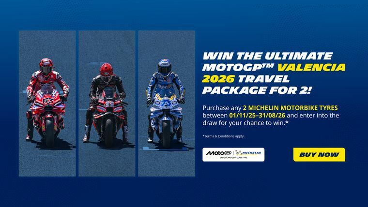 Motocycle riders on a circuit fitted with Michelin tyres on the left and win a trip to Valencia to see the MotoGP for 2