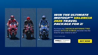 3 moto riders on circuit fitted with Michelin tyres on the left handside and win an ultimate motogp Valencia  2026 travel when buying a set of 2 motorcycle tyres