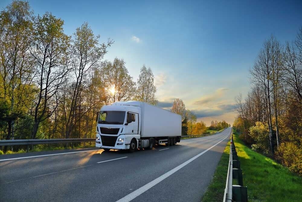 Truck on a tree-lined road