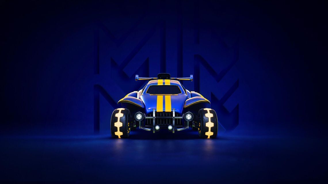 Rocket League race car in blue and yellow branding with glowing MICHELIN tread tyres.