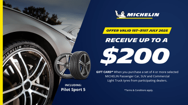 Pilot Sport 5 tyres fitted on Premium Car on the left hand side , and Michelin Promotion on the right Receive up to $200 giftcard when purchasing a set of 4 or more selected Michelin tyres