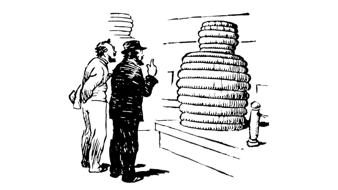 ビバンダムの起源となるタイヤの山とミシュラン兄弟、1894年リヨンで開催された万国博覧会にて