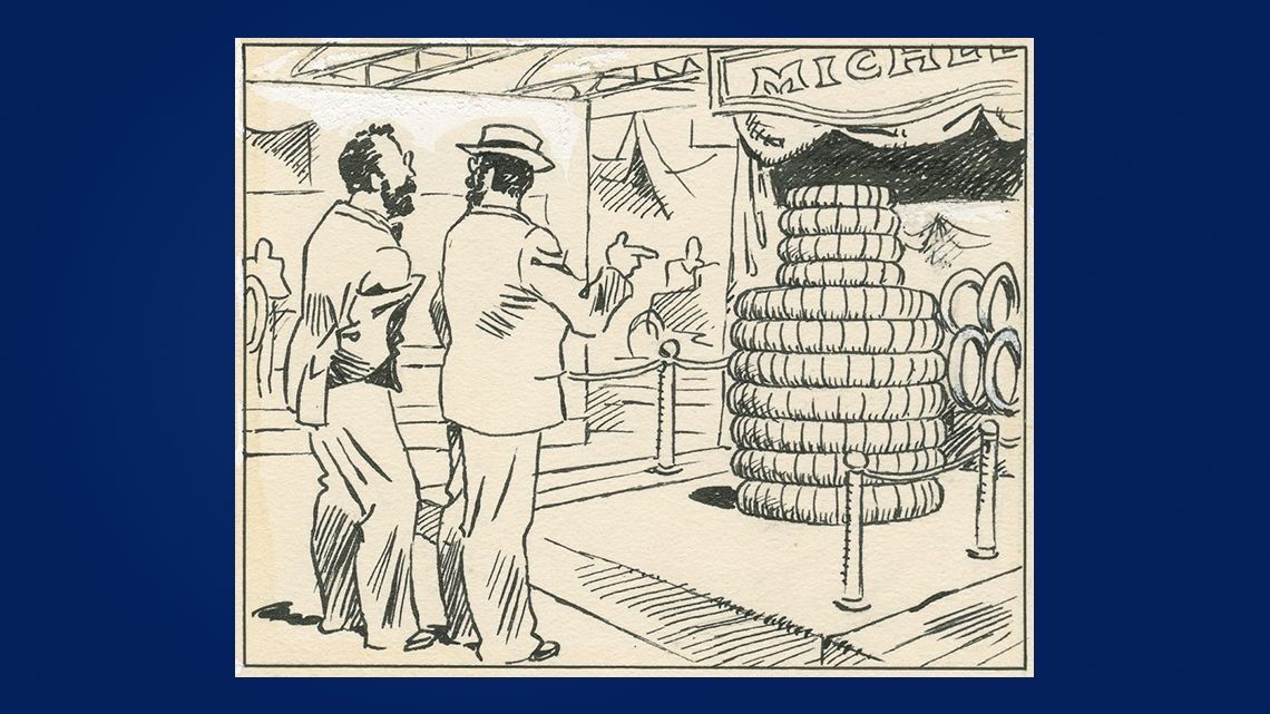 La légende raconte qu'Édouard observa une pile de pneus lors d'une exposition et proclama : « Avec des bras, ça ferait un homme ».