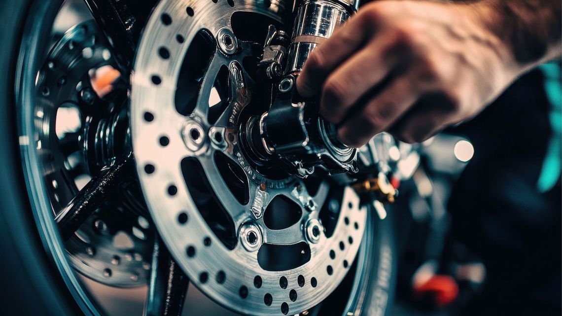 A motorcycle brake is being fixed by a person, highlighting the importance of maintenance