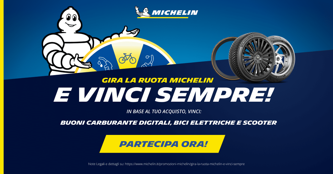 Banner Promo con Omino Michelin e Ruota della Fortuna con i premi in palio e 3 pneumatici, auto, moto e bici: il Nuovo CrossClimate 3, il Power 6 e il nuovo Pro 5