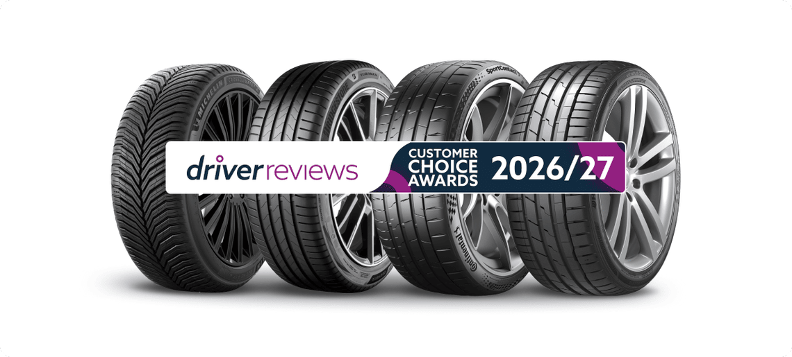 Four car tyres with a banner reading "Driver Reviews Customer Choice Awards 2026/27."