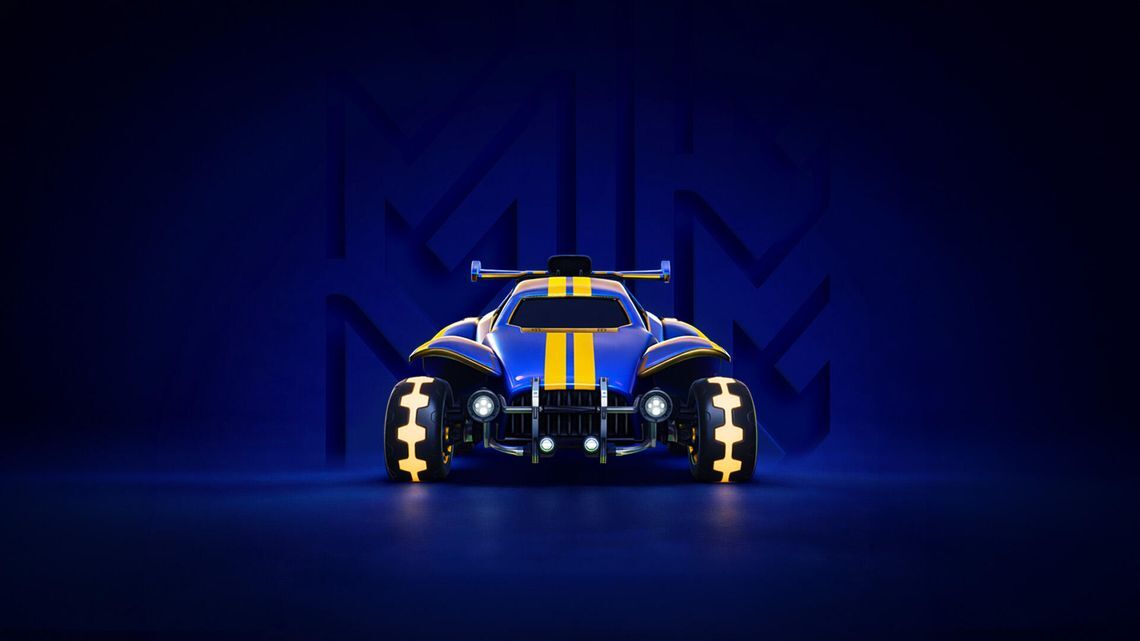 Rocket League race car in blue and yellow branding with glowing MICHELIN tread tyres.