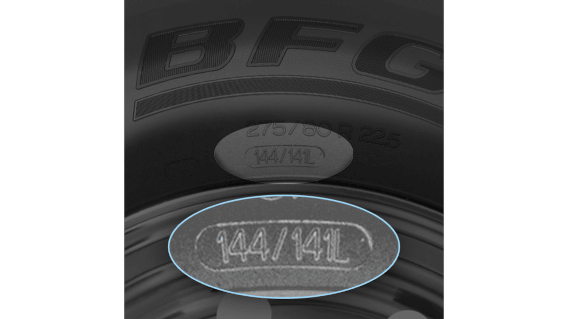 Image of magnified tire sidewall showing ISO load and speed index