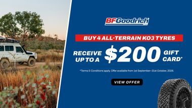 4x4 car fitted with BFGoodrich KO3 tyres in the Australian bush on the left hand side, receive up to $200 when buying a set of 4 BFGoodrich KO3 tyres on the right hand side