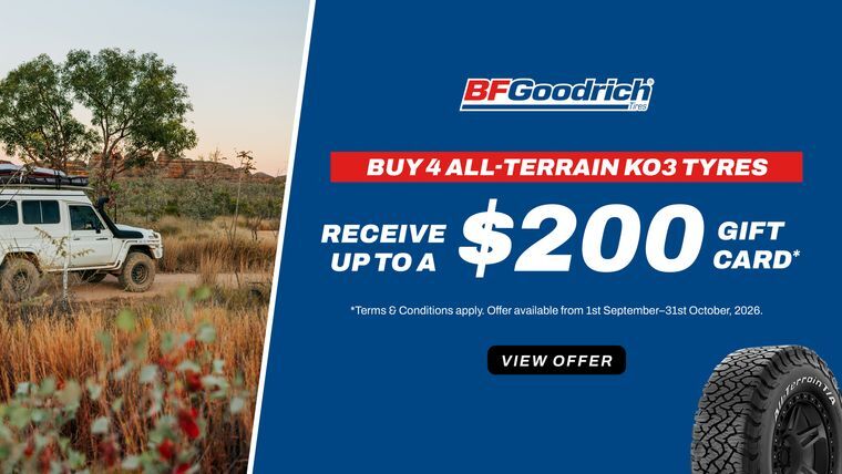 4x4 car fitted with BFGoodrich KO3 tyres in the Australian bush on the left hand side, receive up to $200 when buying a set of 4 BFGoodrich KO3 tyres on the right hand side