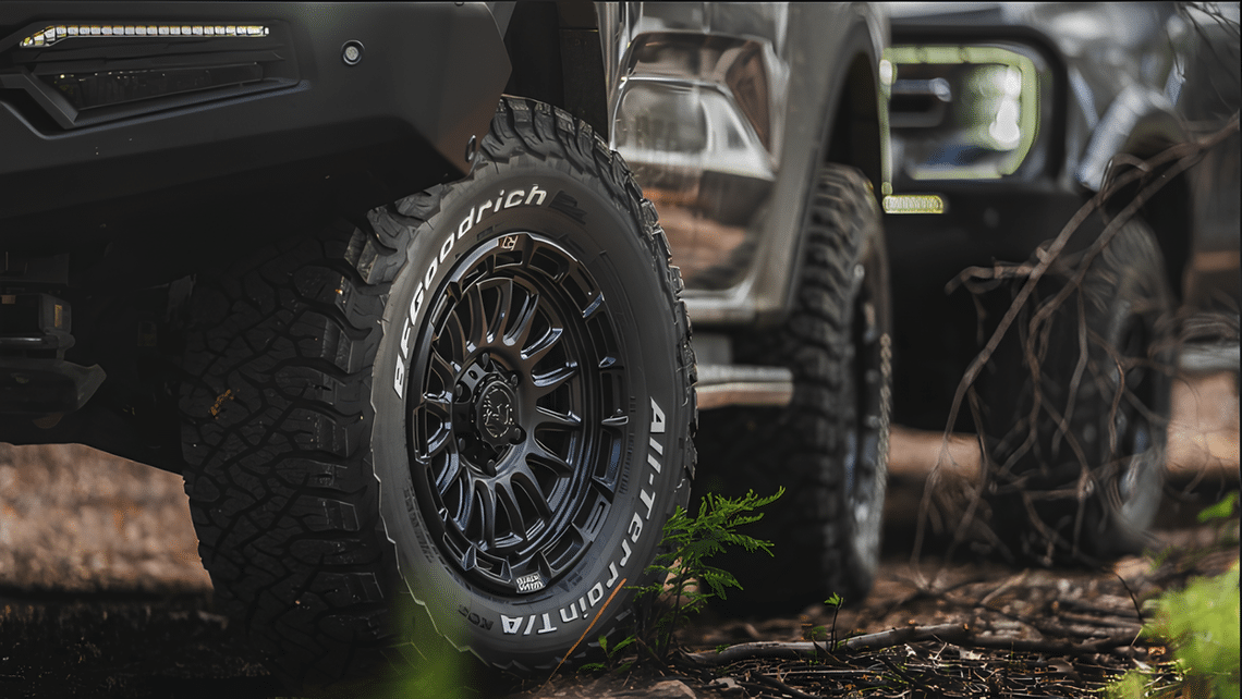 Closeup of the front half of a BFGoodrich team 4-wheel drive with muddy tyres driving on dirt.