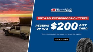 4x4 ute car fitted with BFGoodrich KO3 tyres on the left handside and receive upt to $200 giftcard when buying a selected BFGoodrich Tyres